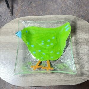 Recycled Art Glass Green Bird Bright Whimsical Square Plate 8.5”